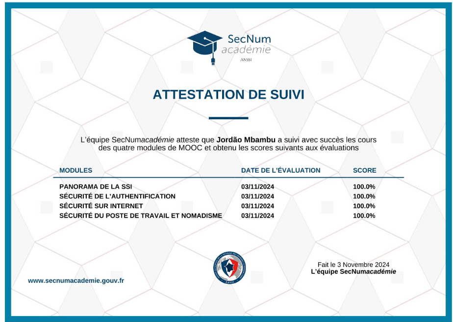 Attestation MOOC SecNumAcadémie ANSSI